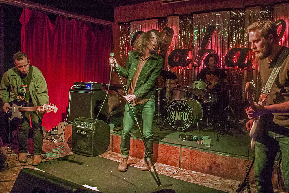 White Buffalo Woman performs at Mahall's 20 Lanes in Lakewood, Ohio, 12/18/17. (l-r) Devin Bezeredi, Evan Rutledge, Joe Wales & Adam Murphy. Photo by Jason D. 'Diesel' Hamad, No Surf Music.